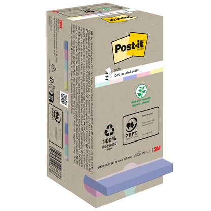 Egy doboz Post-it® Recycling Z-Notes (76 mm x 76 mm, 100% PEFC, 100 lap/blokk) a 3M Deutschland GmbH-tól. A bézs színű csomagolás környezetbarát szimbólumokat és pasztellszínű jegyzeteket mutat az alsó részen, látható 3M logóval.