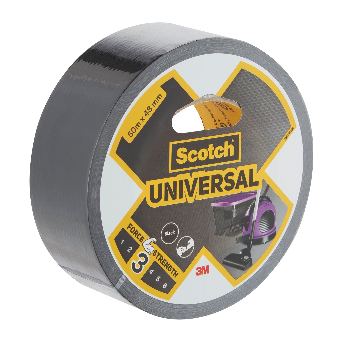 Egy tekercs 3M Scotch® Universal ragasztószalag 2904, 50m x 48mm, a címkén termékinformációkkal és egy porszívó képével.