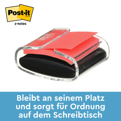 Egy fekete Post-it® Z-Notes adagoló a 3M Deutschland GmbH-tól sárga Super Sticky Z-Notes-szal (76x76 mm, 90 lap) fehér háttér előtt ábrázolva. A német szöveg: "A helyén marad és rendet tart az íróasztalon.