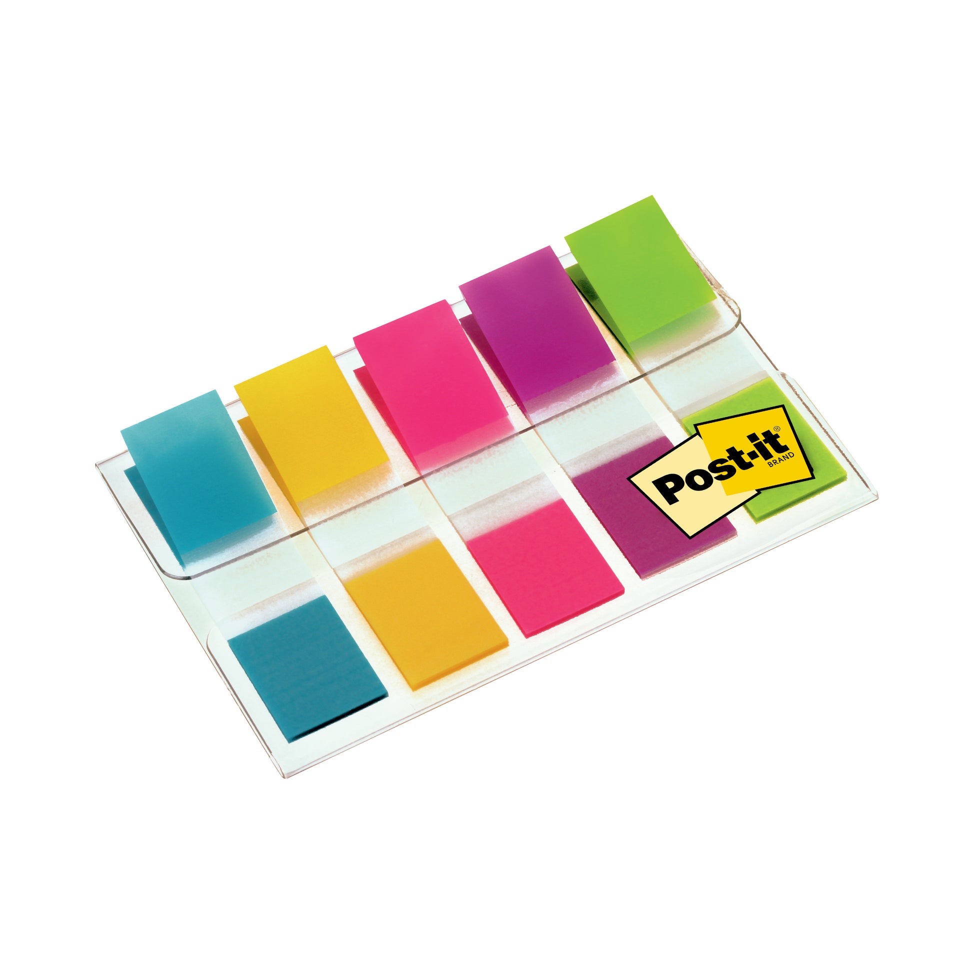 Der Post-it® Index Haftstreifen Mini Spender der 3M Deutschland GmbH fasst 100 bunte Marker (11,9 x 43,2 mm) in den Farben blau, gelb, pink, lila und grün; auf der rechten Seite des durchsichtigen Kunststoffspenders befindet sich ein kleines gelbes Post-it Notes Etikett.