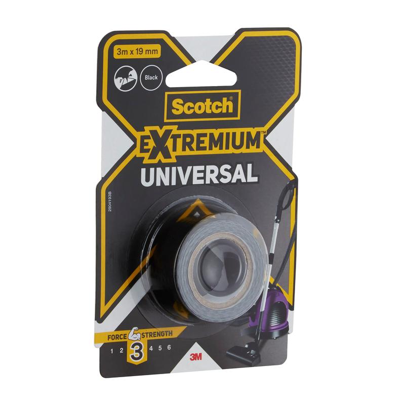 Egy csomag 3M Deutschland GmbH Scotch® Extremium™ univerzális ragasztószalag, 3 m x 19 mm, fekete, 3-as szilárdsági fokozat az előlapon; csomagolás sárga, fekete és fehér színben.