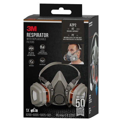Egy doboz 3M™ 6002KIT-1 légzőmaszk a 3M Deutschland GmbH-tól cserélhető szűrőkkel (A2P2, 1x6200, 2x6055, 2x5925, 2x501) szerves gőzök ellen - több mint 50 év légzővédelmi szakértelem.