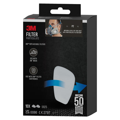 Die schwarze Schachtel des 3M™ Partikelfilters 5925, P2, von 3M Deutschland GmbH enthält 10 Paar P2-Filter. Die Verpackung zeigt einen weißen Filter, einen blauen Pfeil, Symbole für die Verwendung mit 3M Masken/Kartuschen und den Hinweis "Schutz vor Staub".