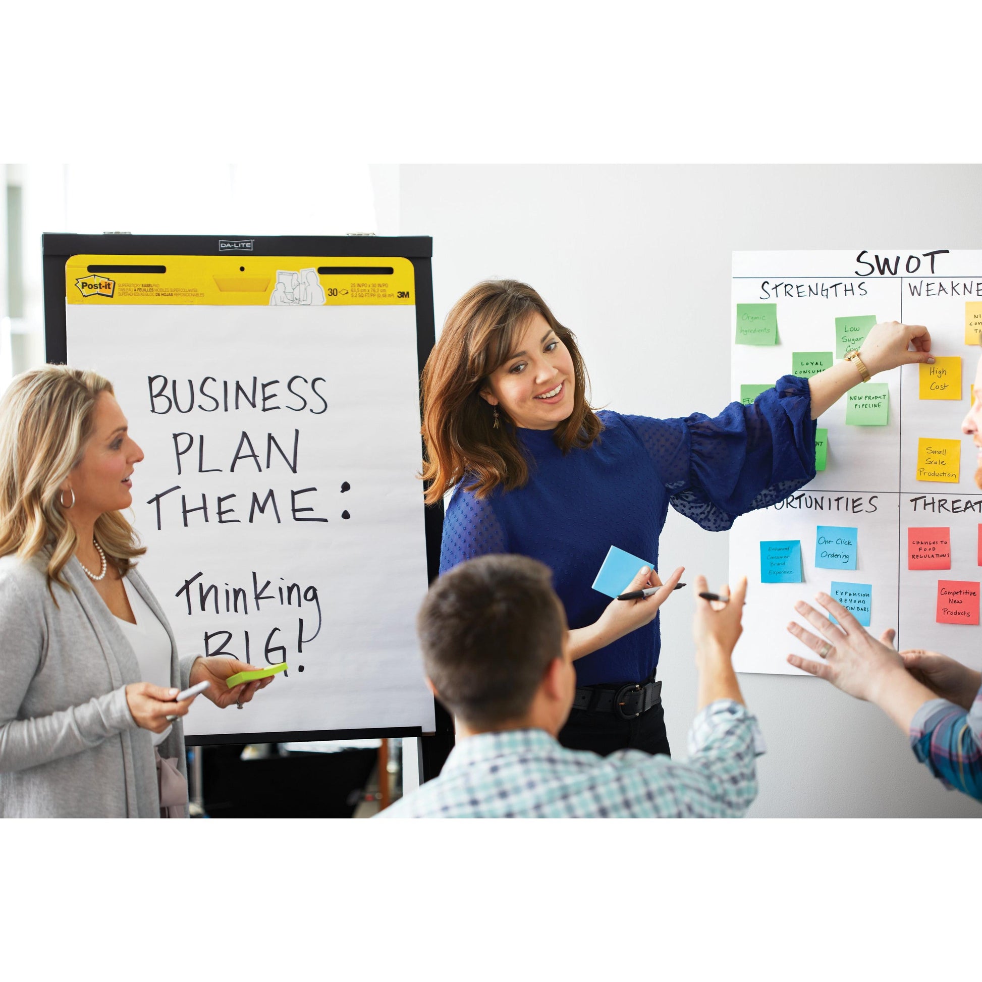 In einer Bürobesprechung verwenden vier Personen den Post-it® Z-Notes Dispenser (bärenförmig, weiß) und Super Sticky Z-Notes (blau, 76x76 mm) von 3M, um eine SWOT-Analyse zu erstellen und ein Brainstorming zum Thema "BUSINESS PLAN THEMA" durchzuführen: Thinking BIG!" auf einem großen Notizblock.