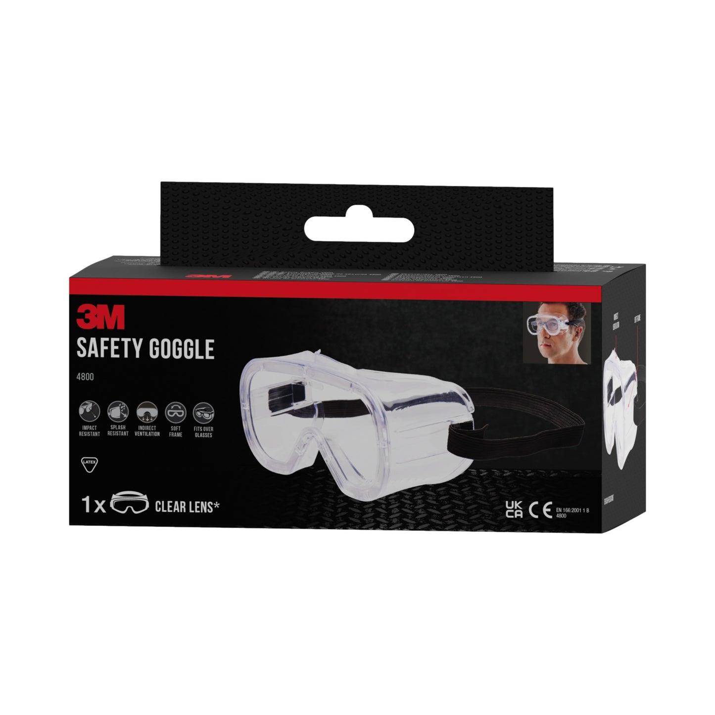 Eine Schachtel der 3M™ Classic Schutzbrille 4800 von 3M Deutschland GmbH enthält eine Klarsichtscheibe, ein Produktbild auf der Vorderseite, Symbole für indirekt belüfteten Schutz und ein kleines Foto eines Brillenträgers.