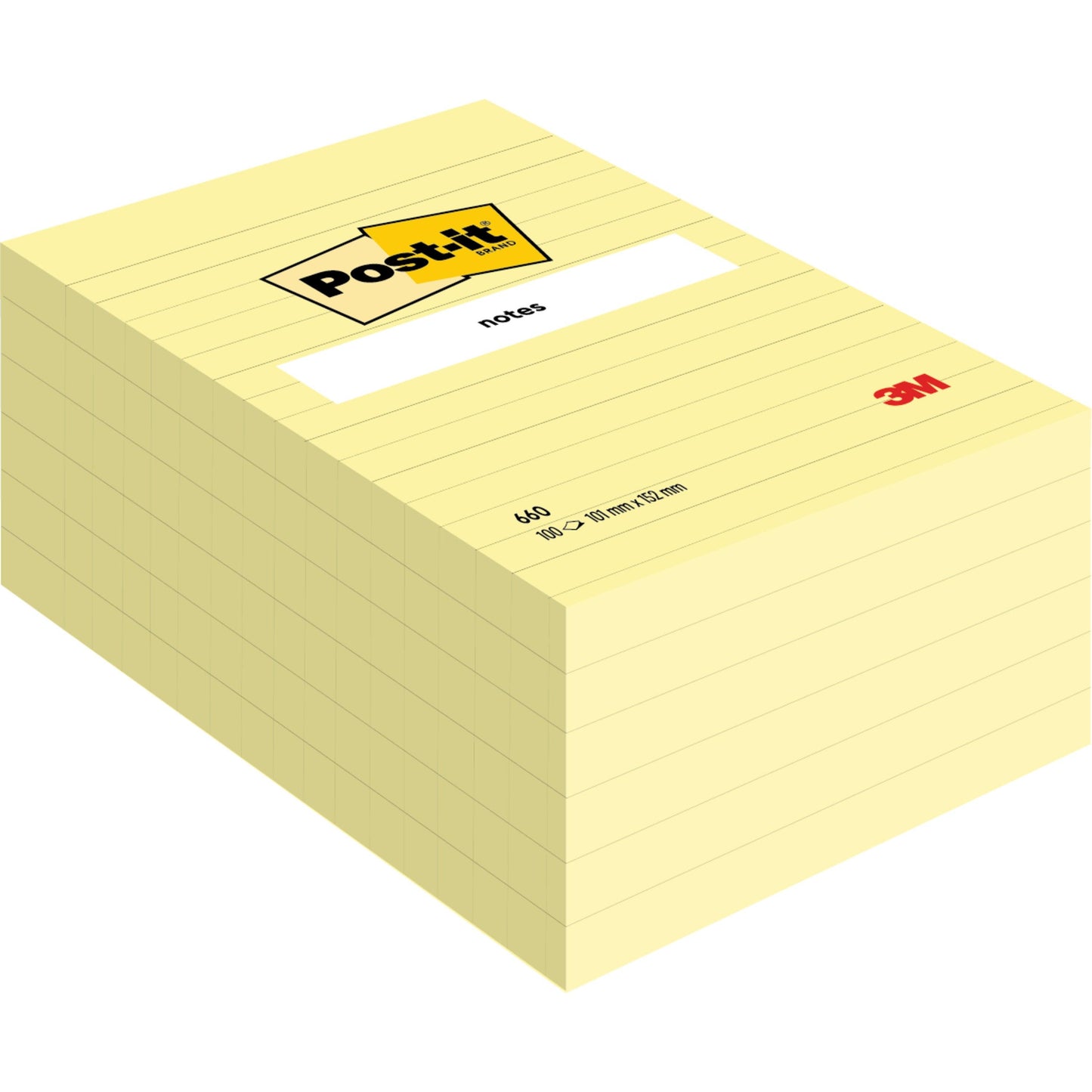 Egy nagy halom nagyméretű Post-it® Notes, sárga (101 x 152 mm) a 3M Deutschland GmbH-tól, fehér címkével a tetején és a 3M logóval a jobb alsó sarokban. A csomag 600 sárga lapot tartalmaz.