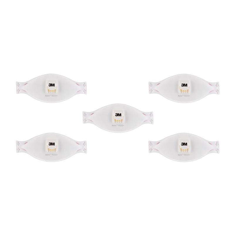 Öt 3M™ Aura™ Comfort Cool Flow™ részecskemaszk 9332+, FFP3, szeleppel a 3M Deutschland GmbH-tól két sorban van elrendezve fehér alapon, mindegyik központi szelepet mutatva.