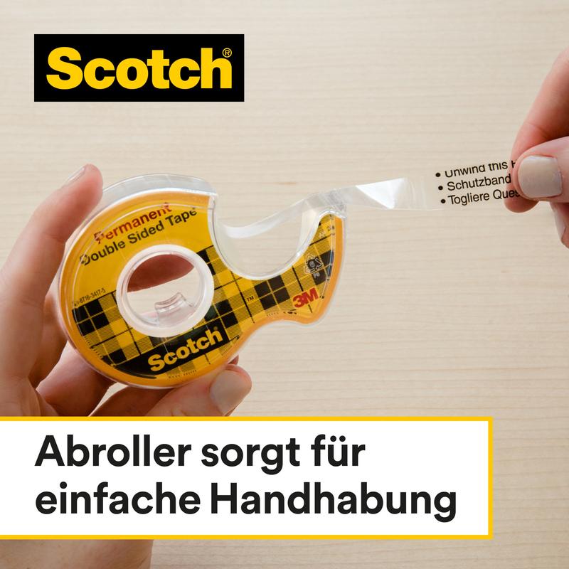 Egy kéz húz egy 12 mm x 33 m-es Scotch® kétoldalas ragasztószalagot a 3M Deutschland GmbH sárga adagolójából egy világos fa felületen. A német szöveg: "Az adagoló egyszerű kezelést biztosít."