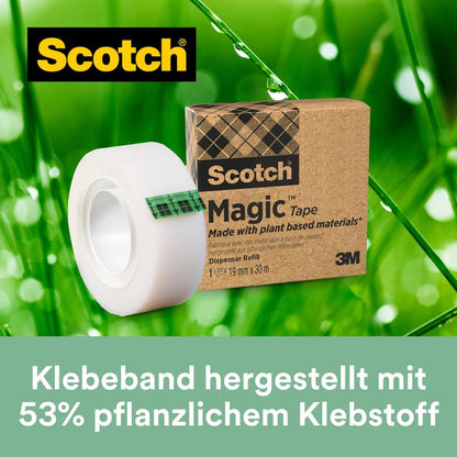 Egy csomag 9 tekercs Scotch® Magic™ ragasztószalag (19 mm x 33 m) a 3M Deutschland GmbH-tól látható. A csomagolás kiemeli, hogy a szalag 66% növényi alapú ragasztóval készült a fenntartható irodai szükségletekhez.