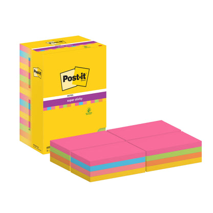 Egy sárga Post-it® Super Sticky Notes doboz a 3M Deutschland GmbH-tól 16 köteggel (76 x 127 mm, 90 lap/blokk) rózsaszín, zöld, narancs és kék színben, erős ragasztófelülettel, PEFC-tanúsítvánnyal.