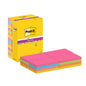 Egy sárga Post-it® Super Sticky Notes doboz a 3M Deutschland GmbH-tól 16 köteggel (76 x 127 mm, 90 lap/blokk) rózsaszín, zöld, narancs és kék színben, erős ragasztófelülettel, PEFC-tanúsítvánnyal.