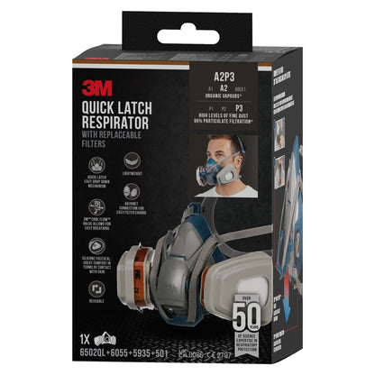 A 3M Deutschland GmbH 3M™ Quick Latch légzésvédő maszk 6502QLKIT-1 fekete-szürke doboza cserélhető A2P3 szűrőkkel, termékképekkel, alkalmazási szimbólumokkal, műszaki adatokkal és egy maszkot viselő személy fényképével az előlapon.