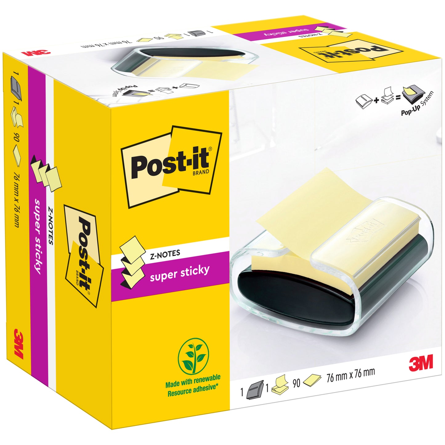 Egy fekete Post-it® Z-Notes adagoló (PRO) 90 sárga Super Sticky Z-Notes (76 mm x 76 mm) a 3M Deutschland GmbH-tól.
