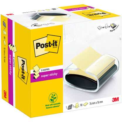 Egy fekete Post-it® Z-Notes adagoló (PRO) 90 sárga Super Sticky Z-Notes (76 mm x 76 mm) a 3M Deutschland GmbH-tól.