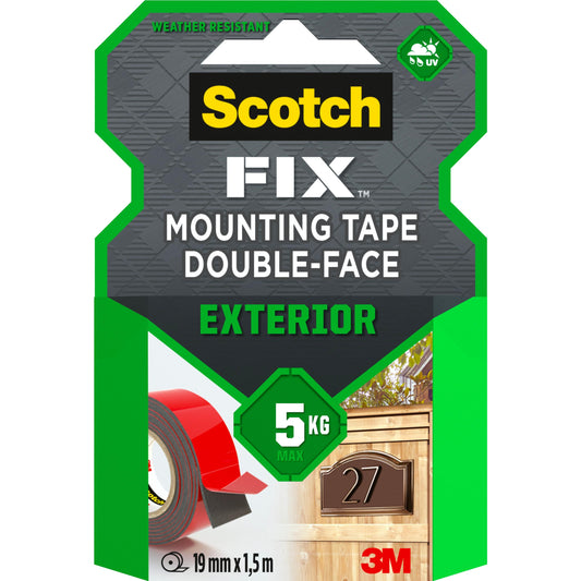 Eine Packung 3M Scotch-FIX™ doppelseitiges Montageband für außen, witterungsbeständig, 19 mm x 1,5 m (1 Rolle), hält bis zu 5 kg. Enthält ein Bild der Klebebandrolle und einen Holzzaun mit der Nummer 27.