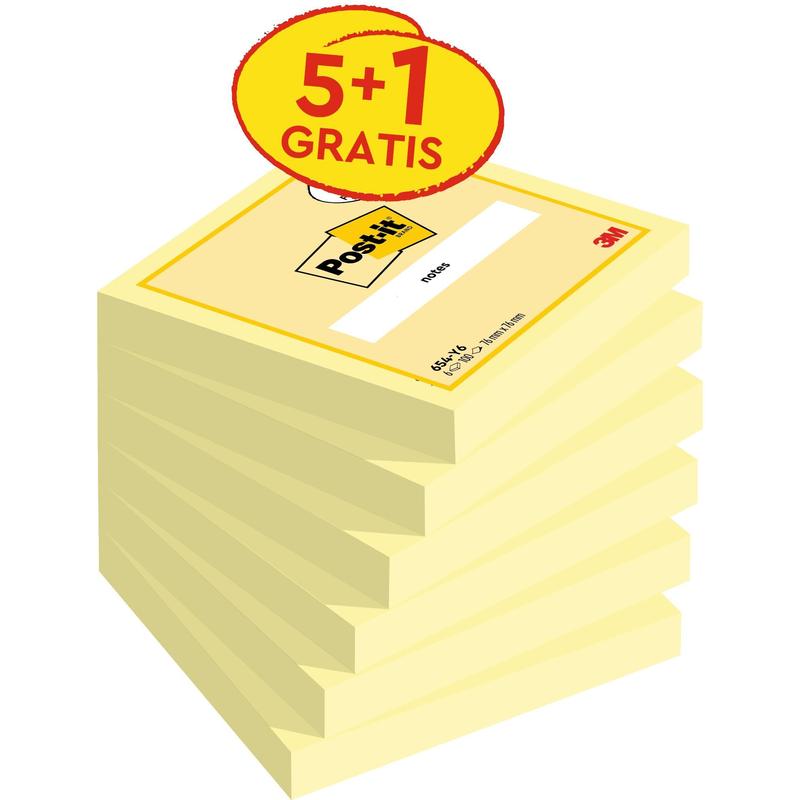 Post-it® jegyzetek, sárga, 76 mm x 76 mm, promóció, 100 lap/tömb, 5 lap + 1 ingyenes/csomag, 100% PEFC, SGSCH-PEFC-COC-110078 | Csomag (6 db)