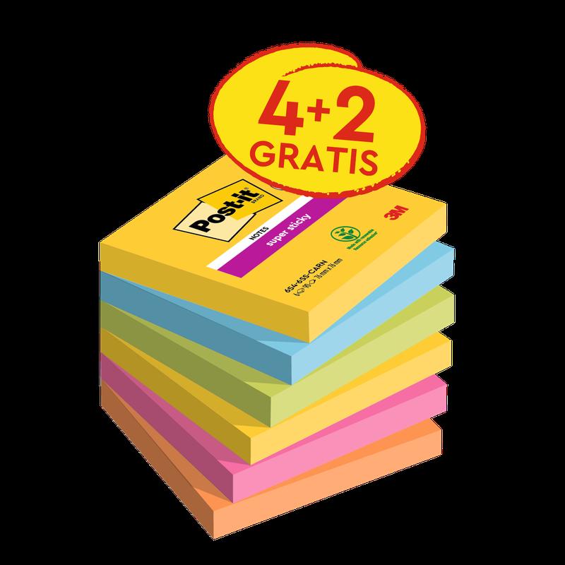 Post-it® Super Sticky Notes, Carnival Collection, 76 mm x 76 mm, Promóció, 90 lap/tömb, 4 lap + 2 ingyenes/csomag, 100% PEFC, SGSCH-PEFC-COC-110078 | Csomag (6 db)