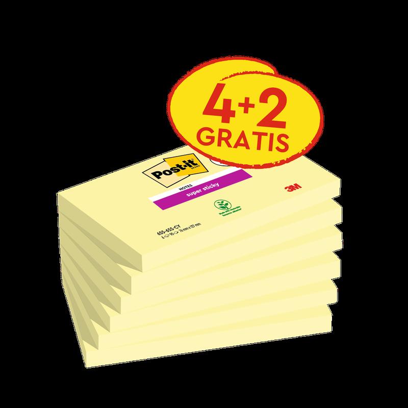Post-it® Super Sticky Notes, sárga, 76 mm x 127 mm, promóció, 90 lap/tömb, 4 lap + 2 ingyenes/csomag, 100% PEFC, SGSCH-PEFC-COC-110078 | Csomag (6 db)