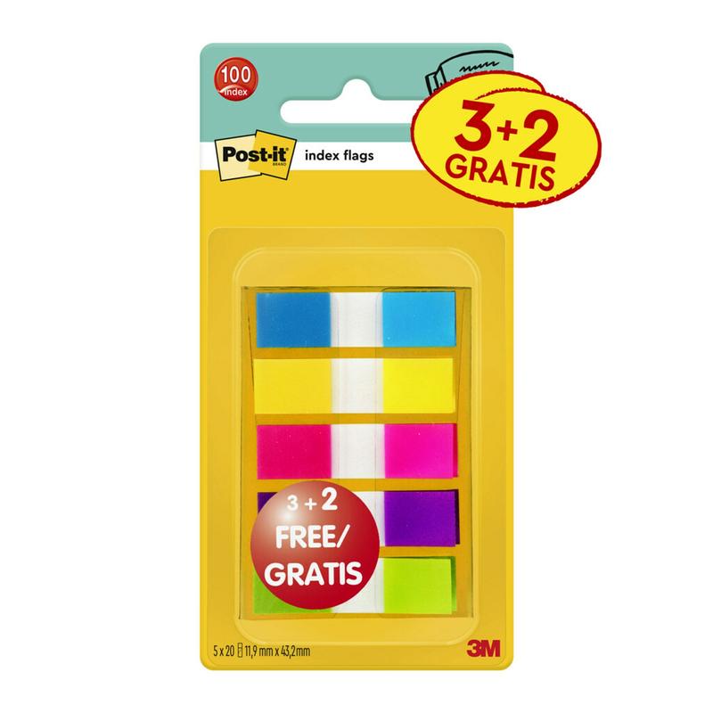 Post-it® Index ragasztócsíkok, mini, vegyes színek, 11,9 mm x 43,2 mm, promóció, 60 ragasztócsík + 40 ingyenes/adagoló, 1 adagoló/csomag | Csomag (5 db)