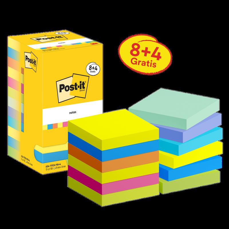 Post-it® jegyzetek, energikus gyűjtemény, 76 mm x 76 mm, promóció, 90 lap/lap, 8 lap + 4 ingyenes/csomag, kartoncsomagolás, 100% PEFC, SGSCH-PEFC-COC-110078 | Csomag (12 db)