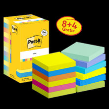 Post-it® jegyzetek, energikus gyűjtemény, 76 mm x 76 mm, promóció, 90 lap/lap, 8 lap + 4 ingyenes/csomag, kartoncsomagolás, 100% PEFC, SGSCH-PEFC-COC-110078 | Csomag (12 db)