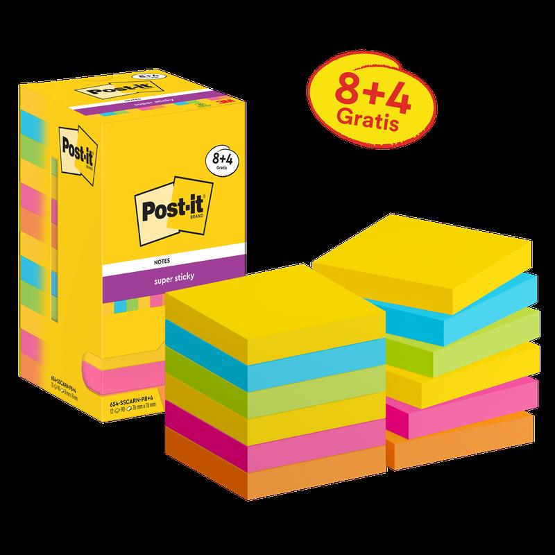 Post-it® Super Sticky Notes, Carnival Collection, 76mm x 76mm, Promotion, 90 Sheets/Pad, 8 Pad + 4 Free/Csomagolás, Kartoncsomagolás, 100% PEFC, SGSCH-PEFC-COC-110078 | Csomag (12 db)