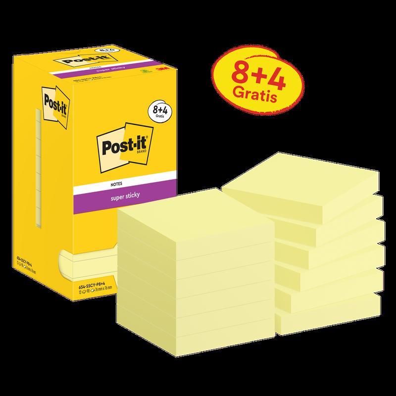 Post-it® Super Sticky Notes, sárga, 76 mm x 76 mm, promóció, 90 lap/tömb, 8 lap + 4 ingyen/csomag, kartoncsomagolás, 100% PEFC, SGSCH-PEFC-COC-110078 | Csomag (12 db)