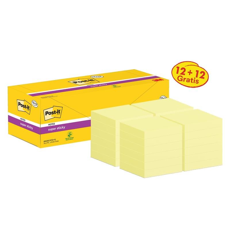 Post-it® Super Sticky Notes, sárga, 76 mm x 76 mm, promóció, 90 lap/lap, 12 lap + 12 szabad/csomag, kartoncsomagolás, 100% PEFC, SGSCH-PEFC-COC-110078 | Csomag (24 db)