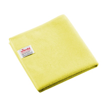 Hajtogatott, sárga Vileda Professional r-MicroTuff Swift mikroszálas törlőkendő, bevarrt fehér címkével.