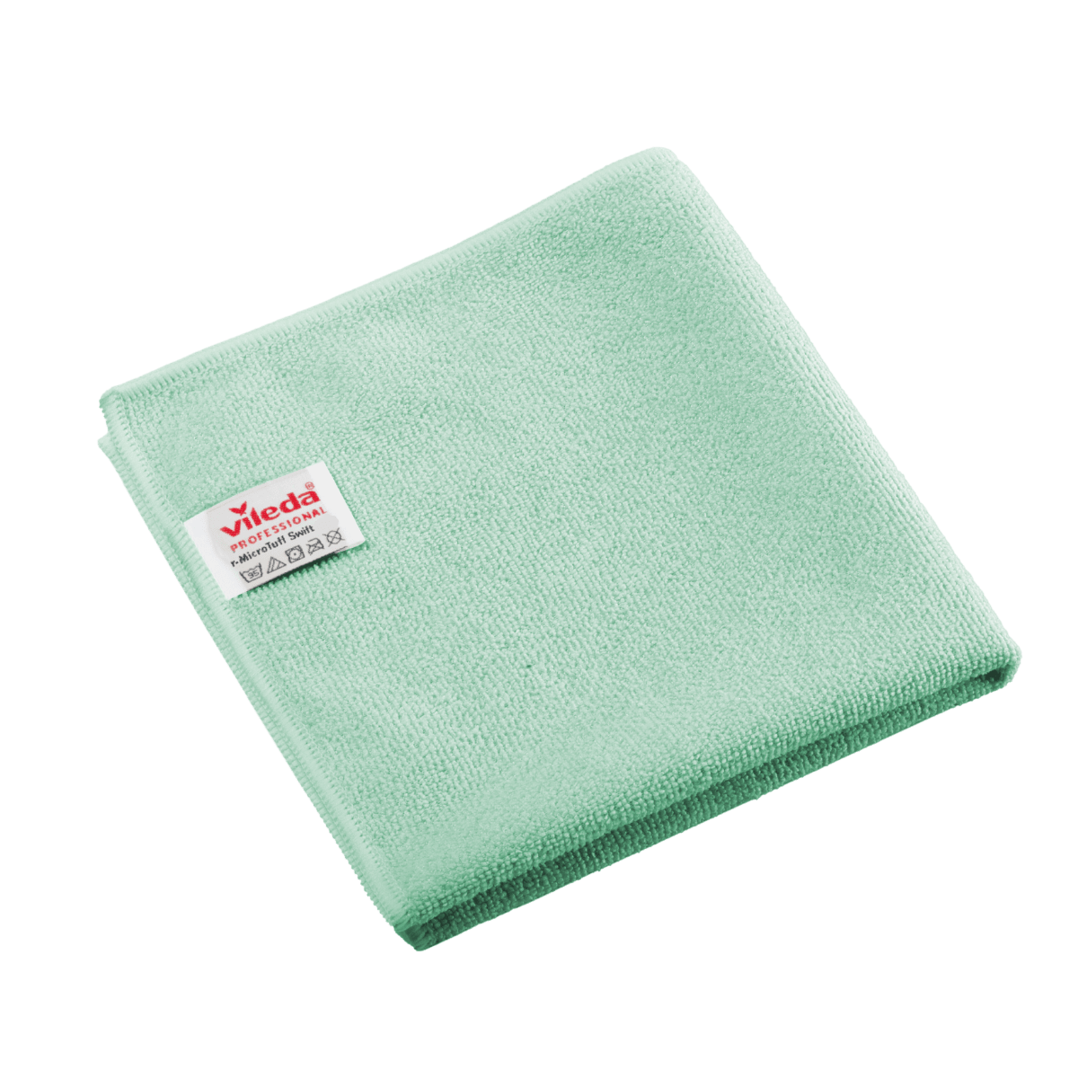 Hajtogatott, zöld Vileda Professional r-MicroTuff Swift mikroszálas kendő, bevarrt fehér címkével.
