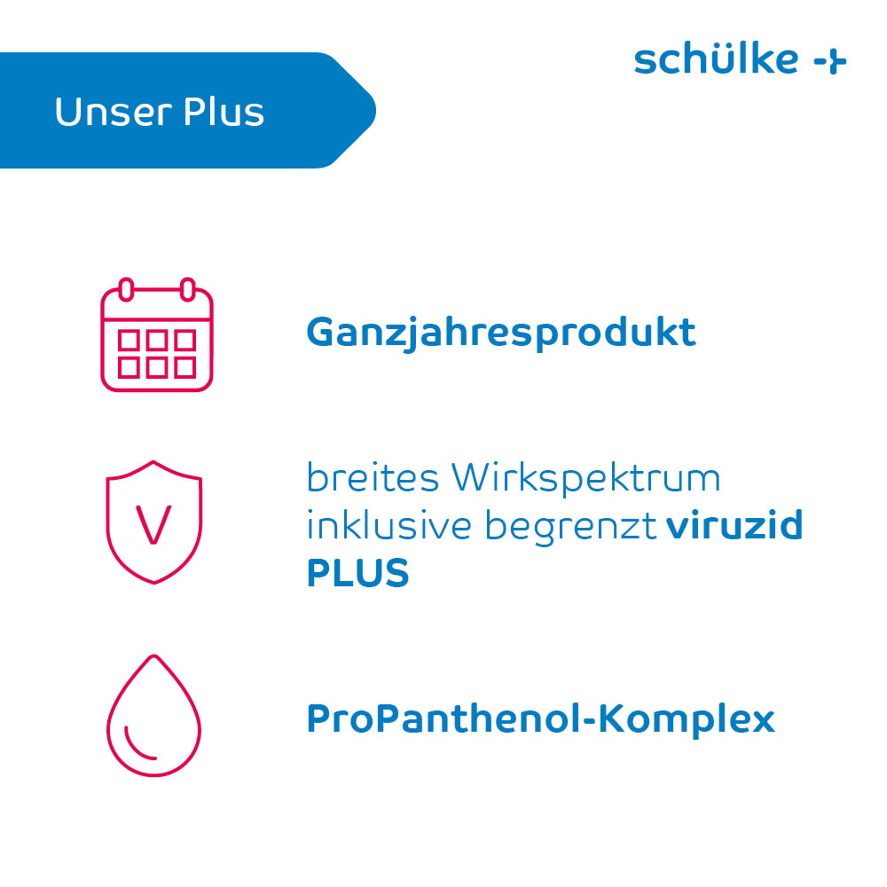 A képen egy reklámgrafika látható német szöveggel és három szimbólummal. A szöveg így szól: „A mi pluszunk”, „Egész éves termék”, „széles hatásspektrum, beleértve a korlátozott virucid PLUS-t” és „ProPanthenol-komplex”. A Schülke & Mayr GmbH mutatja be, a középpontban a Schülke desmanol® care kézfertőtlenítőszer bőrápoló formulája áll.