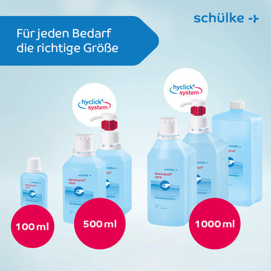 Eine Gruppe von Plastikflaschen mit rot-weißen Etiketten bietet Schülke desmanol® care Händedesinfektionsmittel der Schülke & Mayr GmbH an.
