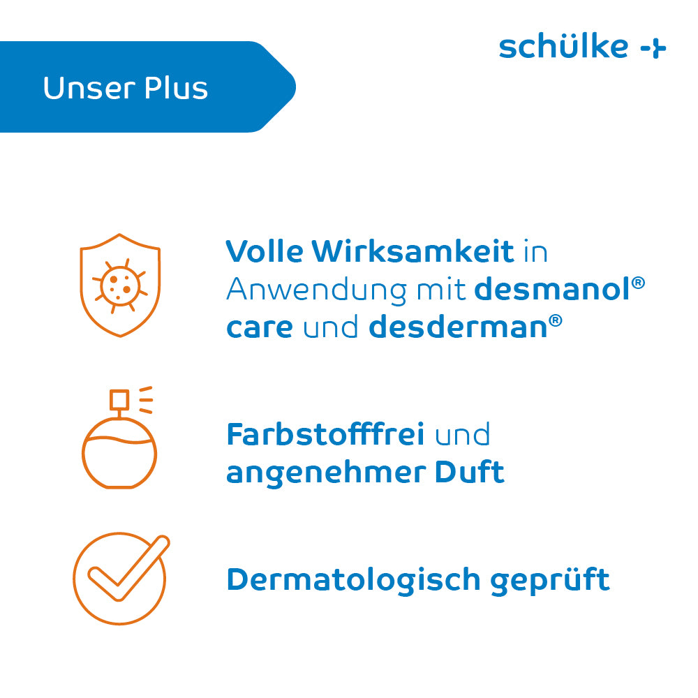 Egy német infografika a Schülke & Mayr GmbH-tól, amely három fő előnyt emel ki: hatékony alkalmazás Desmanol care és Desderman segítségével, színezékmentes, kellemes illatú és bőrgyógyászatilag tesztelt. Hatékonyság, illat és bőrgyógyászati tesztek szimbólumai kísérik a szöveget a Schülke esemtan® száraz bőr balzsam, testápoló balzsam - 500 ml | palack (500 ml) mellett.