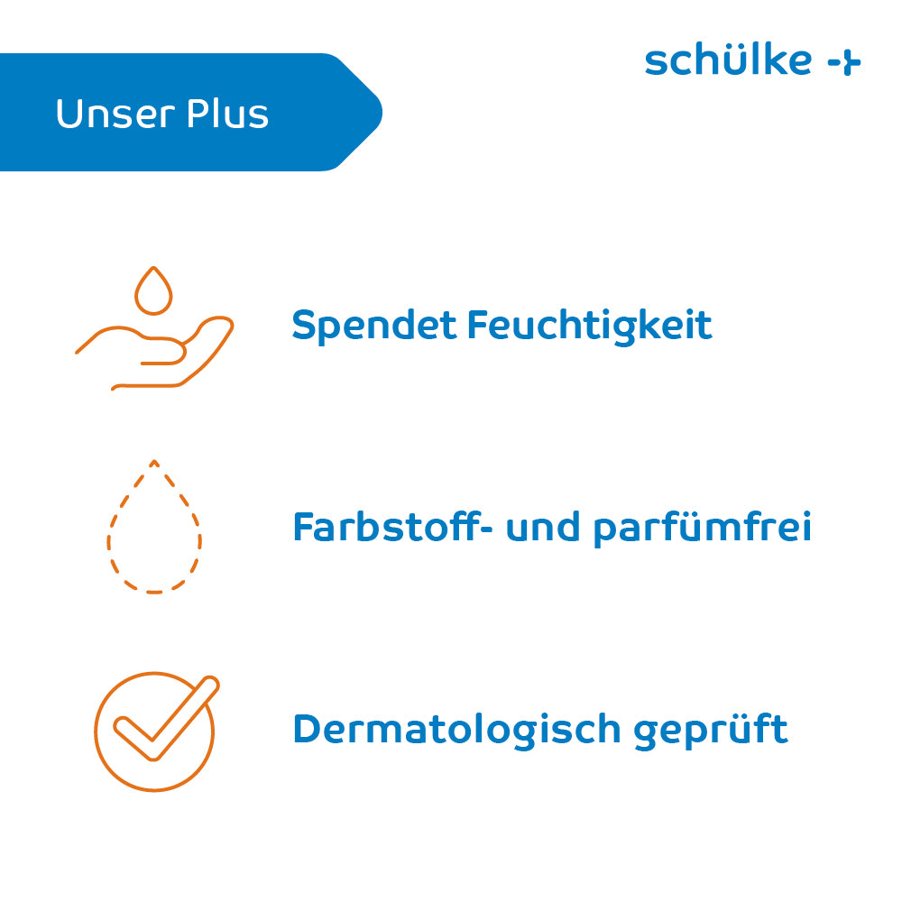 A képen a „Schülke & Mayr GmbH” német bőrápoló termék címkéje látható. Három előnyt emel ki: „Hidratál” egy kéz szimbólummal, amely egy cseppet tart, „Színezék- és illatanyag-mentes” egy szaggatott cseppkontúrral és „Dermatológiailag tesztelt” egy pipa szimbólummal. Ideális az intenzív ápoláshoz a Schülke sensiva® dry skin bőrápoló balzsam.