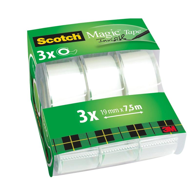 Scotch® Magic™ láthatatlan szalag 3 tekercs 19 mm x 7,5 m kézi adagolóval | Csomag (3 tekercs)