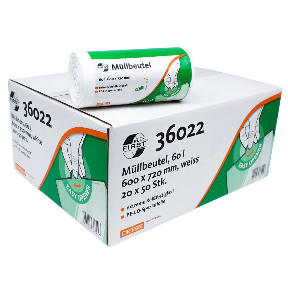 A képen a DEISS First Plus® 60 literes szemeteszsák látható, prémium LDPE, 36022-es modell az EMIL DEISS KG (GmbH + Co.) cégtől. A robusztus doboz prémium LDPE-ből készült, termékinformációkkal és képekkel van ellátva, és egy zsáktekercset tartalmaz. Az „Easy Opener” és „Extrém szakítószilárdság” jellemzőkkel rendelkező dizájn kényelmet és megbízhatóságot biztosít a mindennapi használat során.