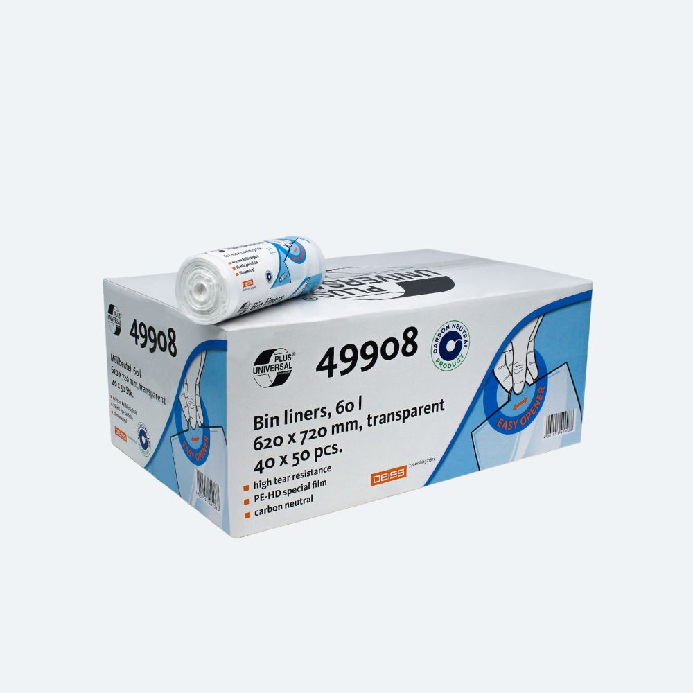 Egy karton és egy tekercs átlátszó DEISS Universal Plus® szemeteszsák 60 literes, a „49908” felirattal, az EMIL DEISS KG (GmbH + Co.) gyártásában. A karton 40 tekercset tartalmaz, mindegyik 60 literes kapacitással és 620 x 720 mm-es méretekkel. Az HDPE-ből készült csomagolás olyan tulajdonságokkal rendelkezik, mint a nagy szakítószilárdság és a CO2-semlegesség.