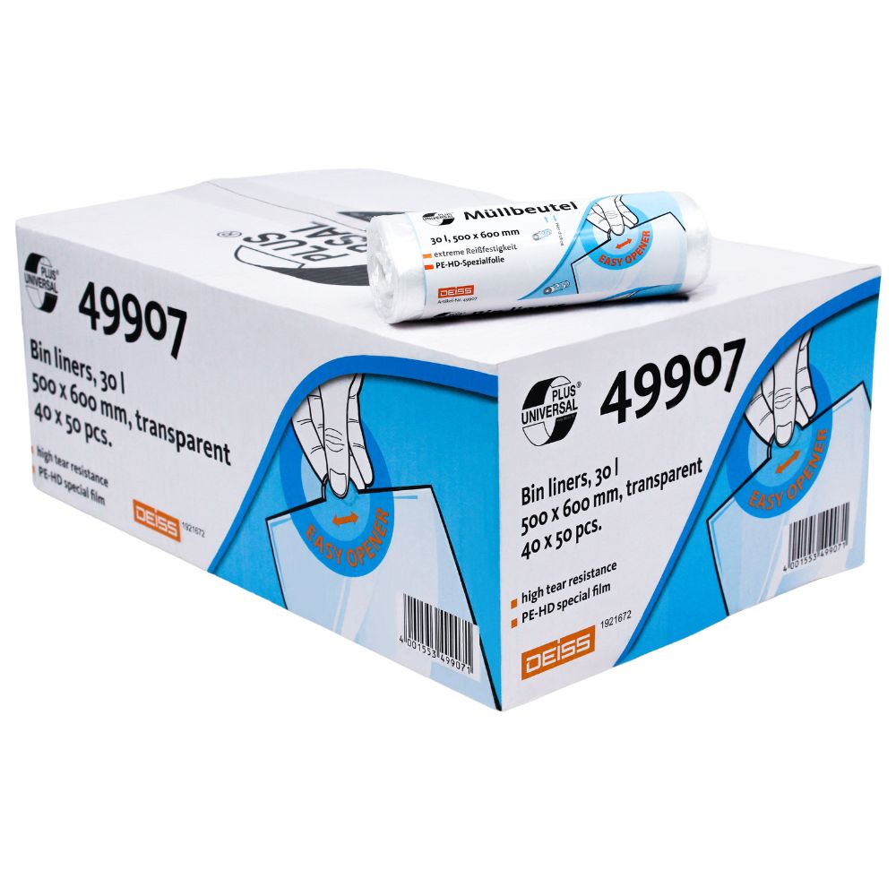Egy doboz DEISS Universal Plus® szemeteszsák, amelyet a „49907” kód jelöl, egy kisebb tekercset mutat a tetején. A csomagolás egy kezet ábrázol, amely egy átlátszó, szakadásálló, 30 literes zsákot tart. A mérete 500 x 600 mm, és 40 csomagot tartalmaz, amelyek mindegyike 50 darab HDPE speciális fóliából készült zsákot tartalmaz. Ez a termék az EMIL DEISS KG (GmbH + Co.) cégtől származik.