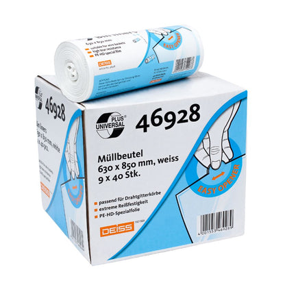 Bei dem Produkt handelt es sich um eine Packung DEISS Universal Plus® Müllsack 80 Liter, 46928 von EMIL DEISS KG (GmbH + Co.), mit einer kompakten Rolle oben drauf. Der reißfeste Müllbeutel mit den Abmessungen 630 x 850 mm enthält 40 Säcke auf 9 Rollen und verfügt über die Funktion „Easy Opener“, wodurch er sich ideal für Drahtabfallkörbe eignet.