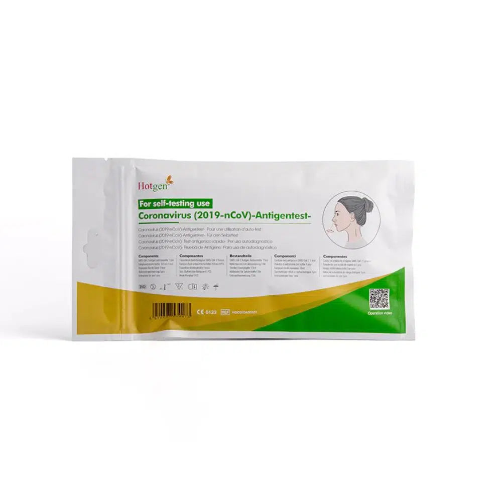 A Hotgen Sars-CoV-2 Antigen Laien Schnelltest CE0123, egy megbízható önteszt a SARS-CoV-2 kimutatására, feltűnő zöld-sárga márkajelzéssel rendelkezik. A csomagolás elején egy ábra található az orrkenet utasításaival, és többnyelvű kialakítású, hogy megkönnyítse a használatot.