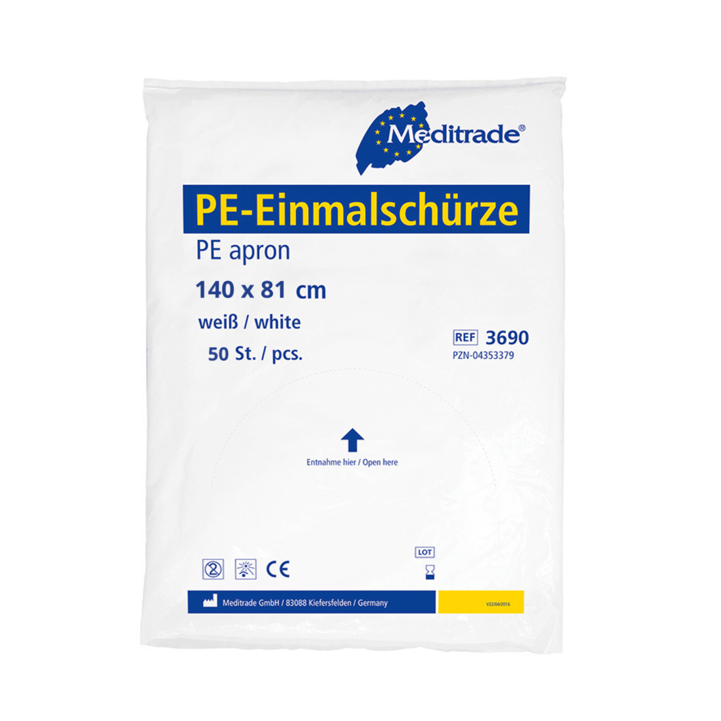 Egy csomagolt fehér Meditrade PE egyszer használatos kötény, amelyen a „140 x 81 cm” méretek, termékinformációk és a vállalati logó található, jelezve, hogy Meditrade PE egyszer használatos kötény (fehér) – 100 darab a Meditrade GmbH-tól tartalmaz.