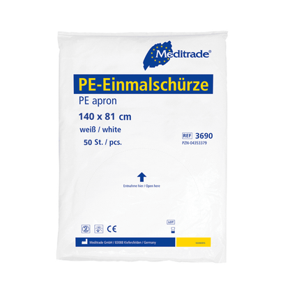 Egy csomagolt fehér Meditrade PE egyszer használatos kötény, amelyen a „140 x 81 cm” méretek, termékinformációk és a vállalati logó található, jelezve, hogy Meditrade PE egyszer használatos kötény (fehér) – 100 darab a Meditrade GmbH-tól tartalmaz.