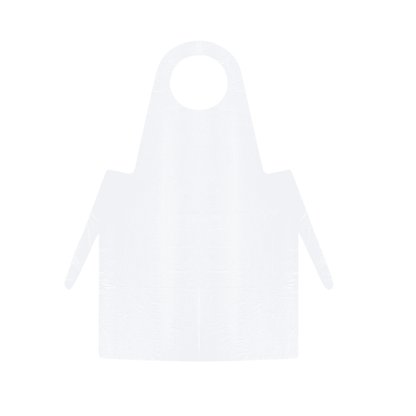 Egyszerű, sima fehér kötény LDPE-ből, minta vagy logók nélkül, elölnézetben ábrázolva. A Meditrade PE egyszer használatos kötény (fehér) - 100 darab nyakpánttal és két hosszú derékpánttal rendelkezik.