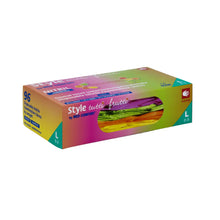 Egy téglalap alakú doboz AMPri Med-Comfort Színes nitril kesztyűkkel az AMPri Handelsgesellschaft mbH-tól. A többszínű doboz átlátszó ablakkal rendelkezik, amelyen keresztül láthatóak a púdermentes, vegyi anyagoknak ellenálló nitril kesztyűk belül. A címke az L (8-9) méretet adja meg, és 96 kesztyűt tartalmaz.